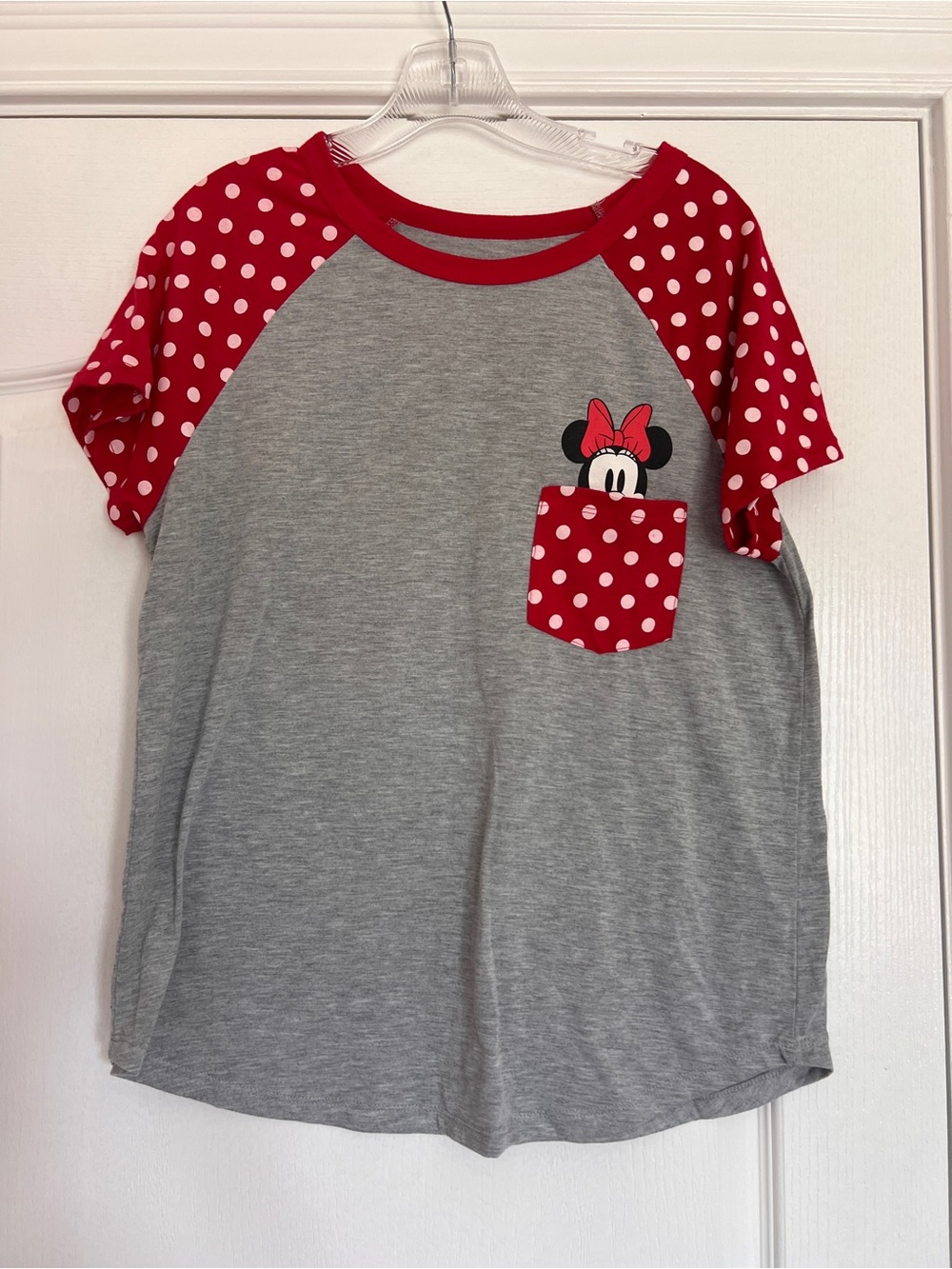 Disney Grey Tee with Red Polka Dot Raglan Sleeves & Minnie Pocket